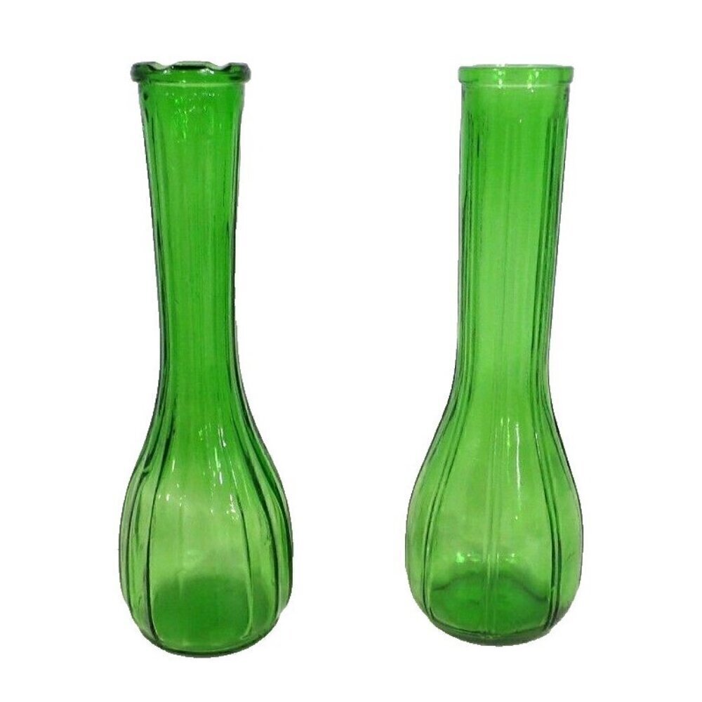 Two vintage green glass bud vases one is PGC approx 8.75" tall